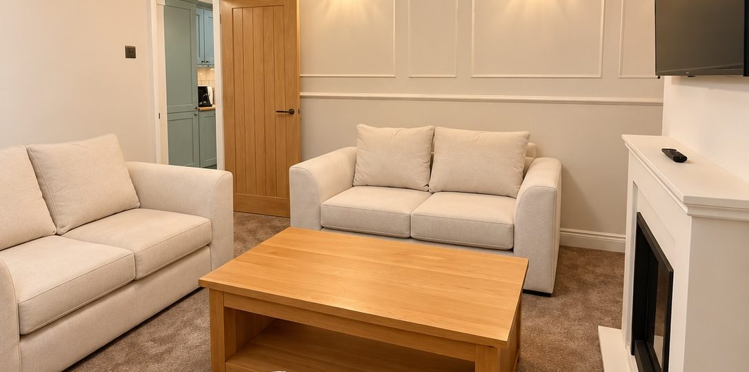 Bright living room with sofas and TV at Cosy Retreats holiday home near Luton